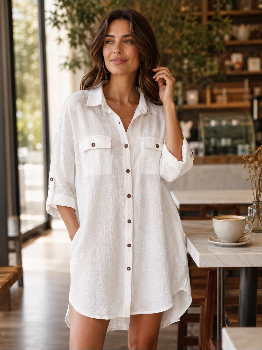 Relaxed White Button-Down Tunic Shirt with Chest Pockets